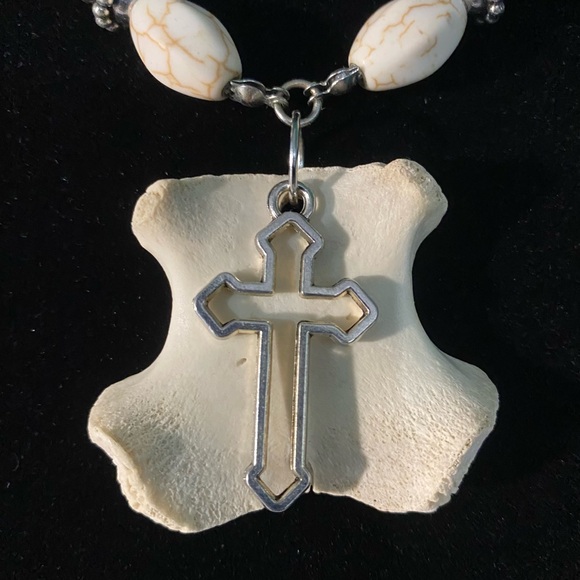 SOLD - Real Deer Bone Beaded Stone Cross Necklace - Picture 6 of 13